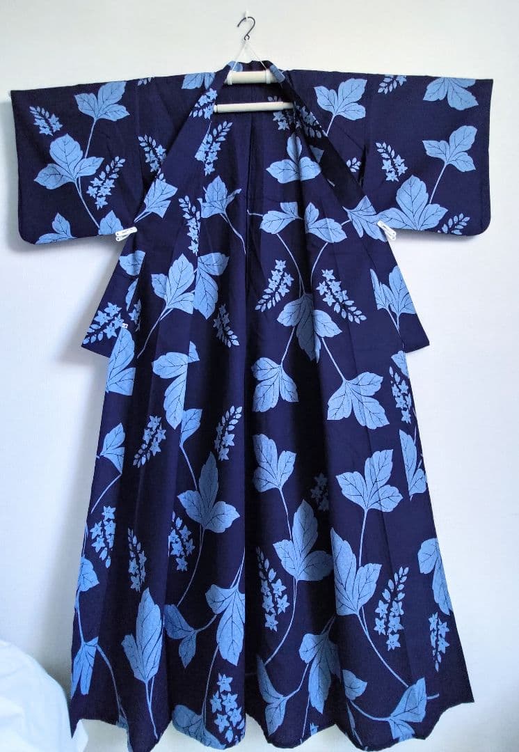 あやのん★百貨店仕立浴衣葉柄花柄藍色ネイビーくすみブルー注染紺地紺色高島屋