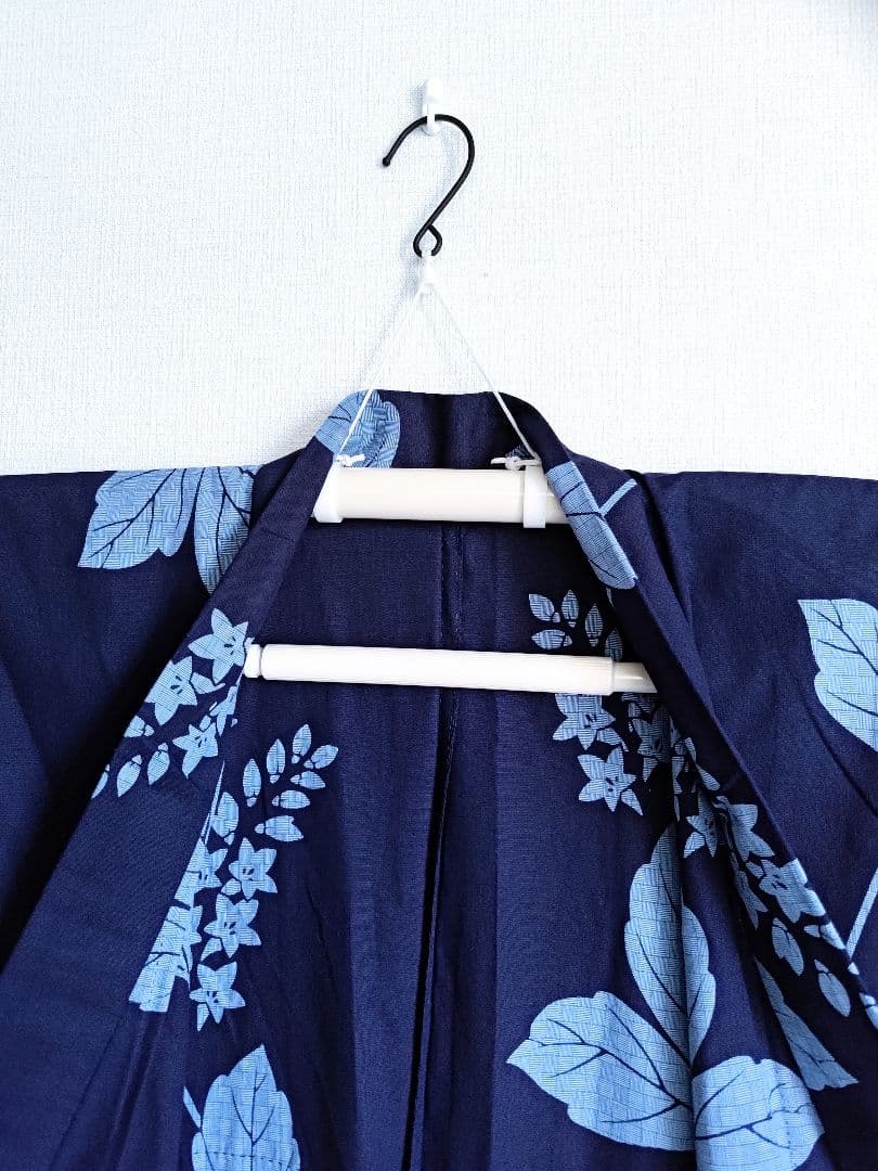 あやのん★百貨店仕立浴衣葉柄花柄藍色ネイビーくすみブルー注染紺地紺色高島屋