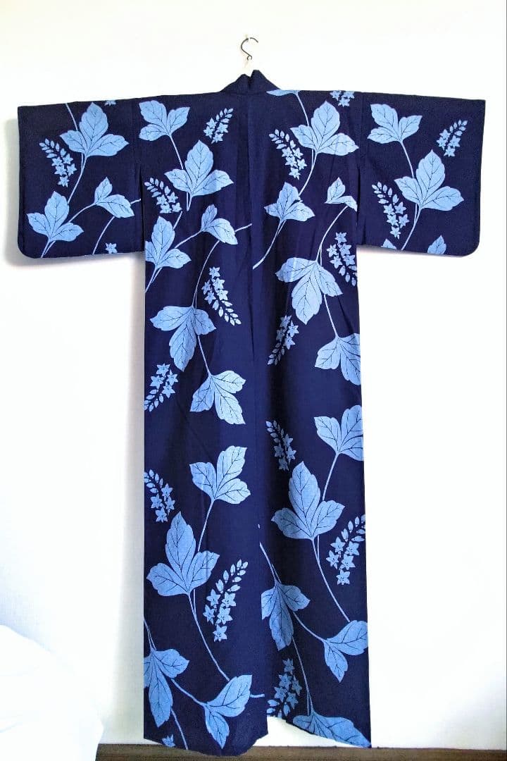 あやのん★百貨店仕立浴衣葉柄花柄藍色ネイビーくすみブルー注染紺地紺色高島屋