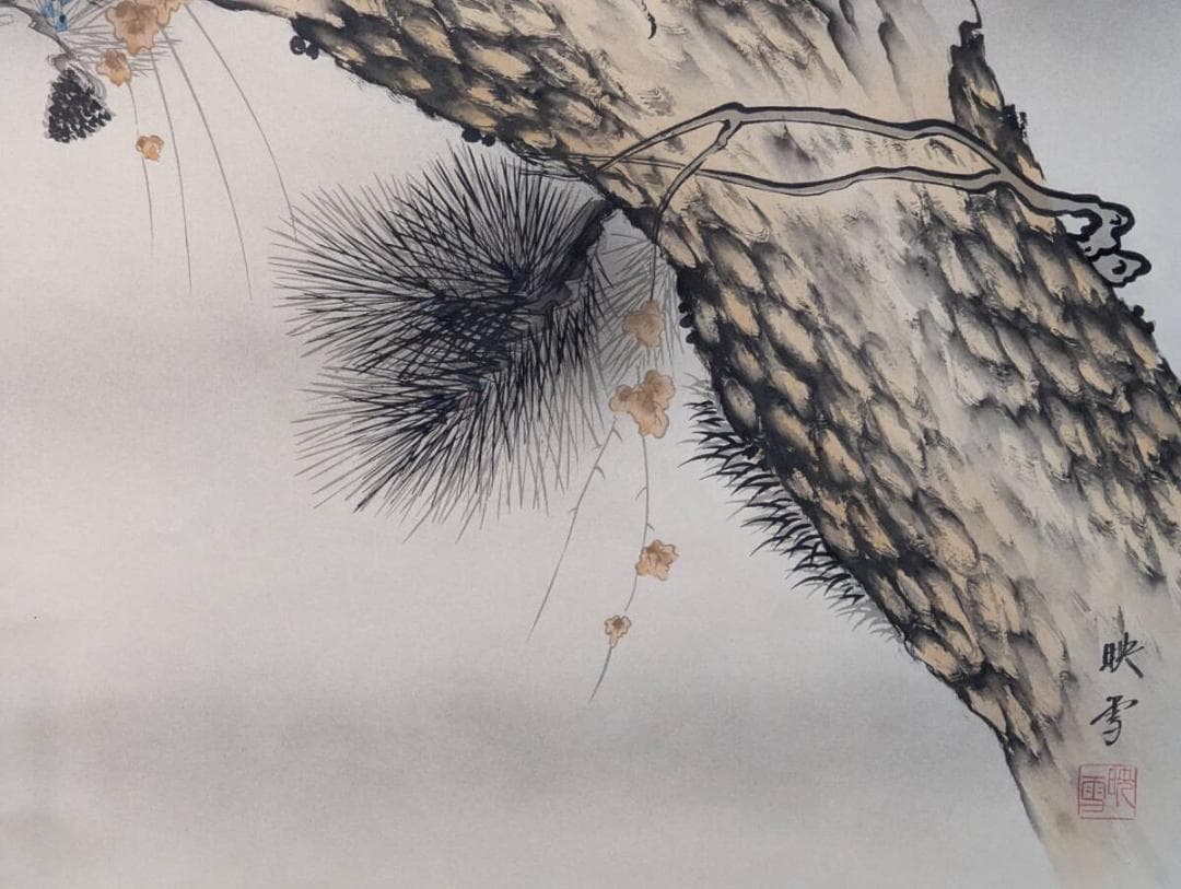 真作】掛軸 松上鶴 吉祥の象徴 二羽の鶴と老松 共