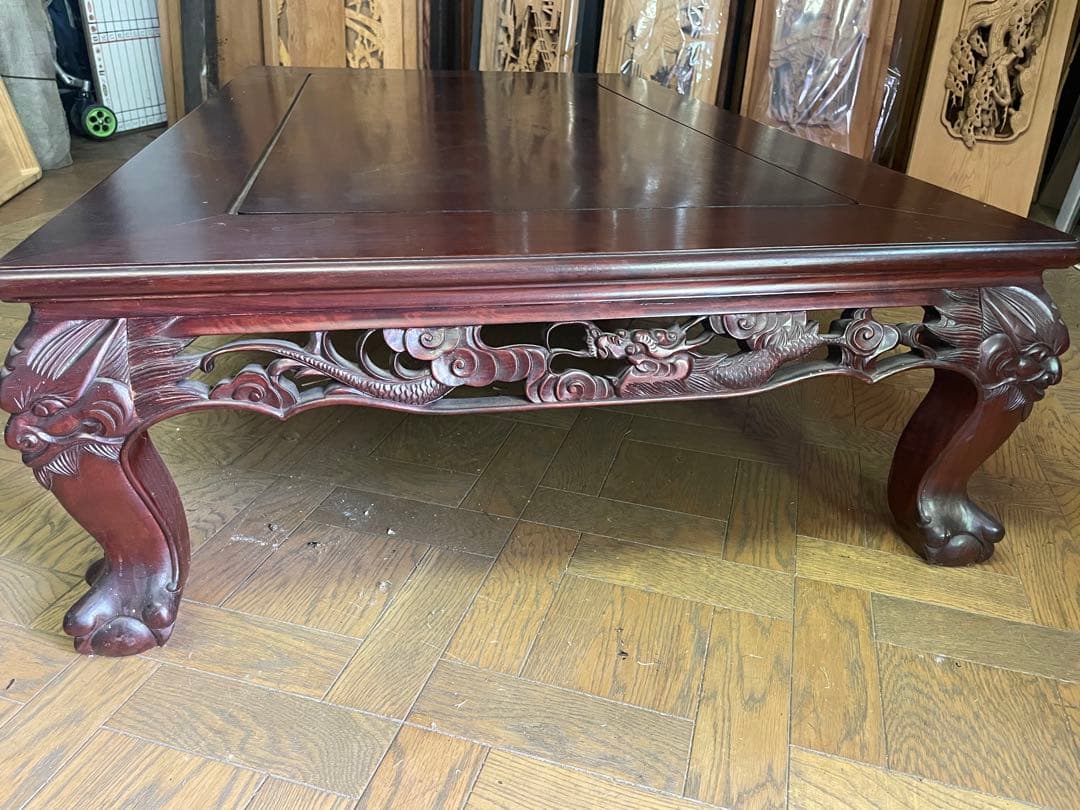 高級唐木 獅子龍彫刻付き漆仕上げ長座卓 150センチ幅テーブル一枚