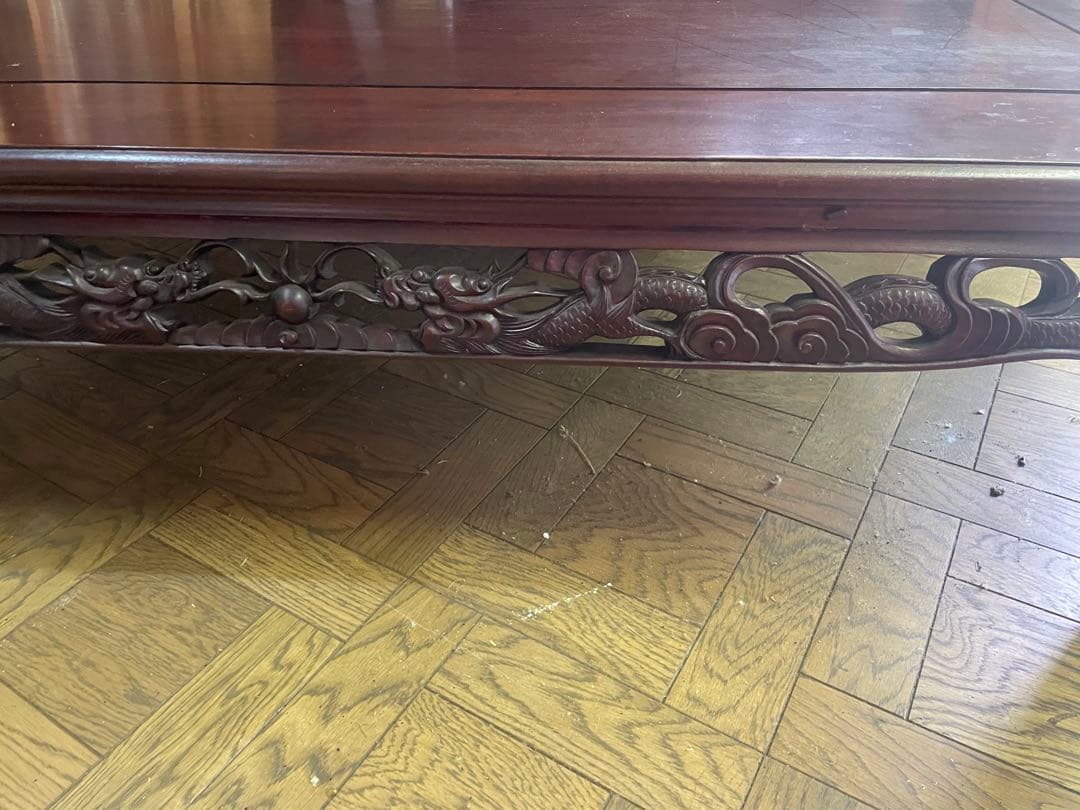 高級唐木 獅子龍彫刻付き漆仕上げ長座卓 150センチ幅テーブル一枚