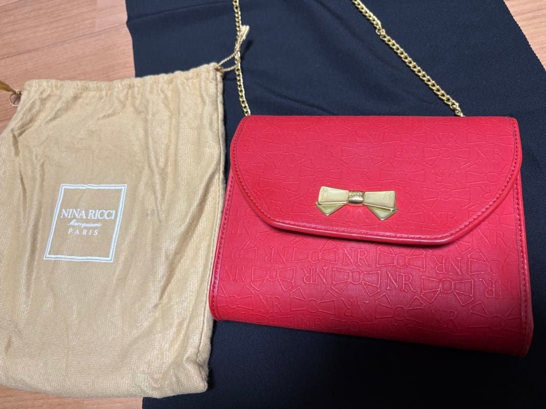 NINA RICCI ニナリッチ　ショルダーバッグ 赤　リボン総柄　ヴィンテージ