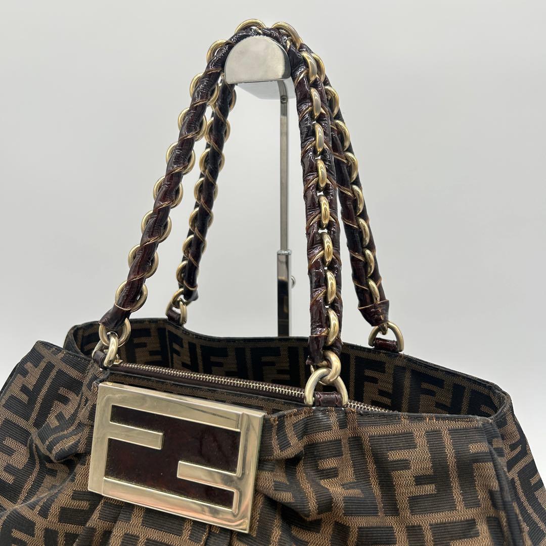 【美品】フェンディ ミア チェーンショルダーバッグ ズッカ キャンバス 肩掛け