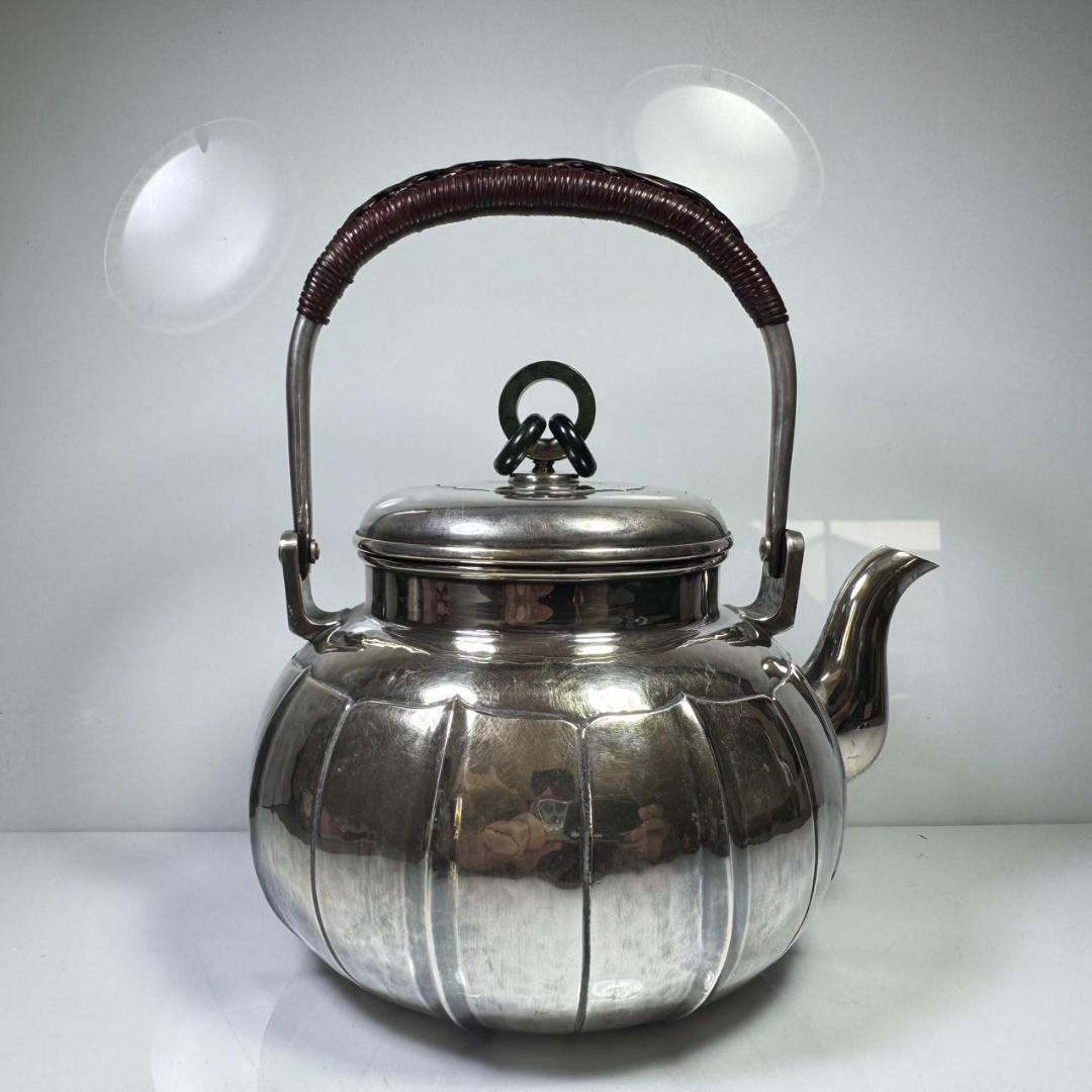 純銀製 一晃斎造 三連環貴石摘 湯沸 煎茶 銀瓶 古美術品 やかん 純銀保証