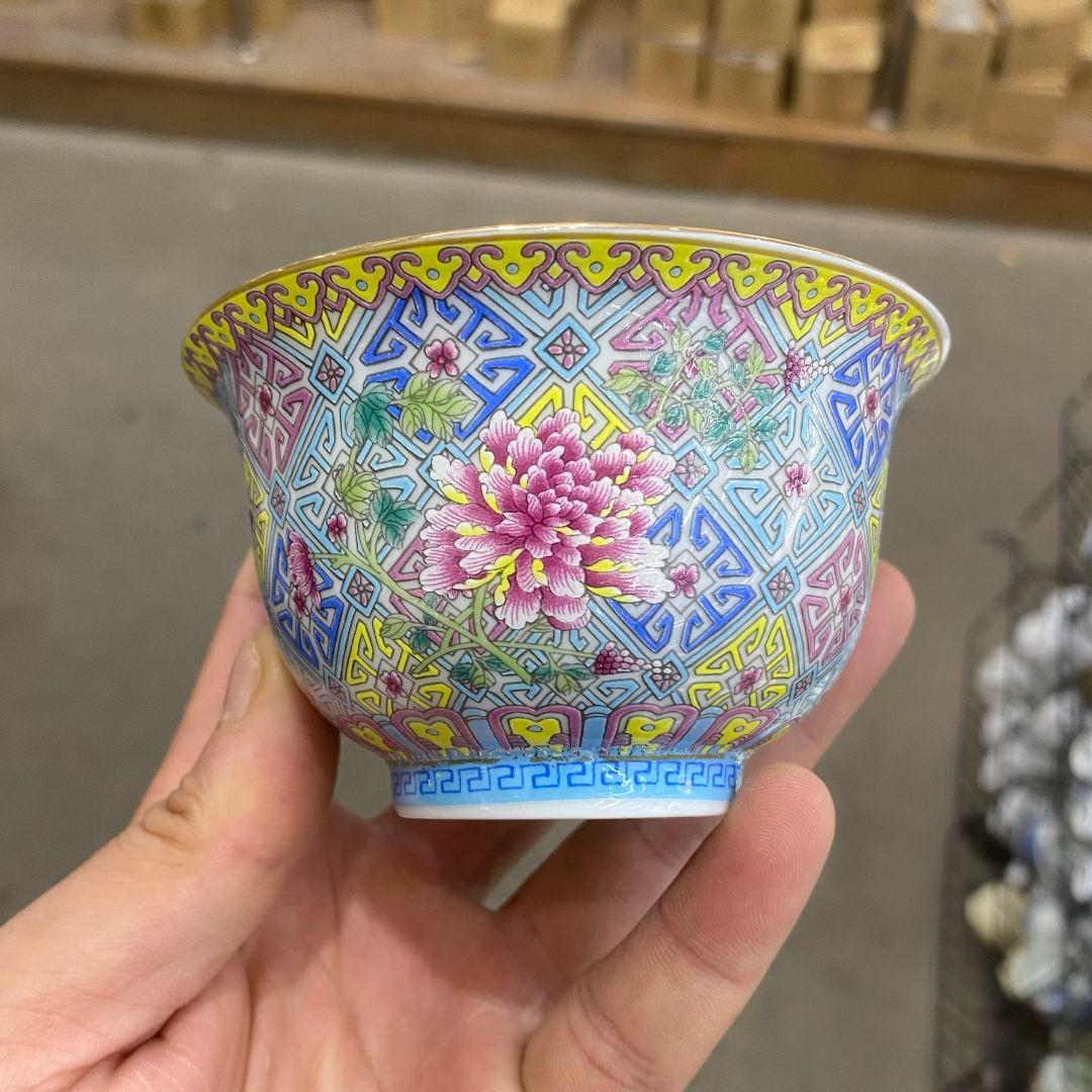 中国茶器 錦繡蓮花牡丹蓋碗 景徳镇 蓋付き茶器 飲茶食器 煎茶具 未使用品