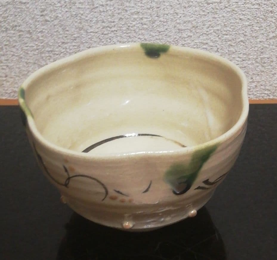 林英仁作 桃山窯 弥七田 織部 茶碗 共箱 共布 栞付 茶道具