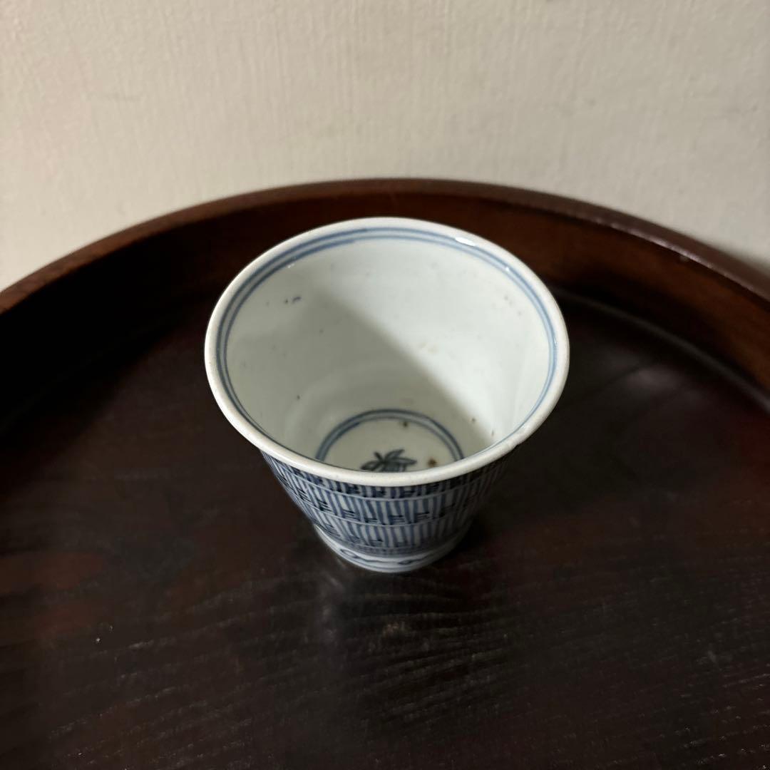 古伊万里蕎麦猪口大きめ猪口1点 江戸幾何学文 アンティーク 骨董白磁 検: