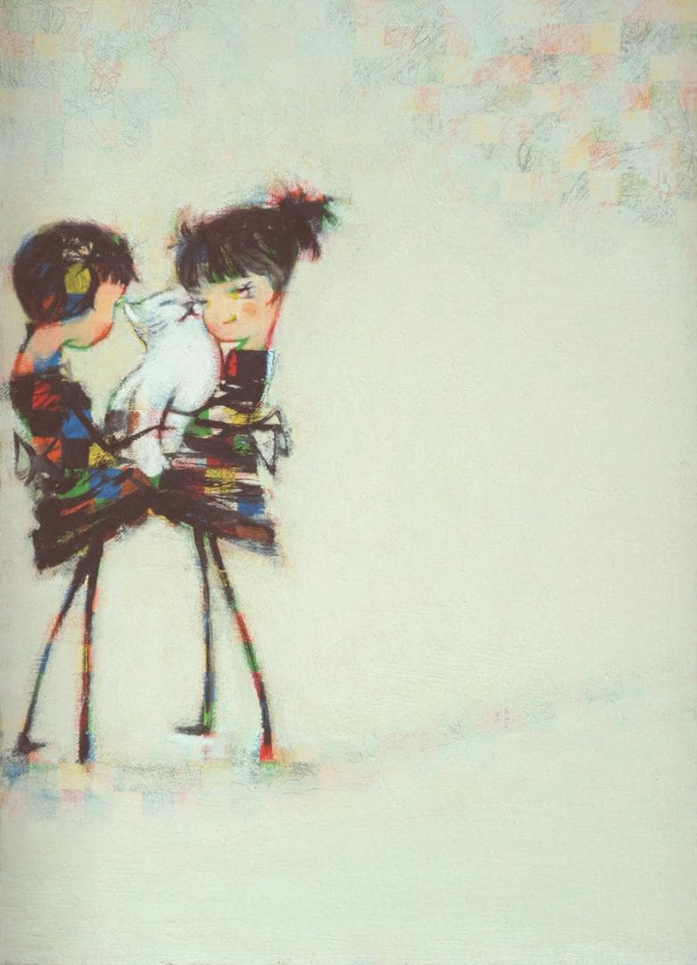 油絵 菅家令子 絵 絵画インテリア 額付(銀) F4-072619 子猫と女の子