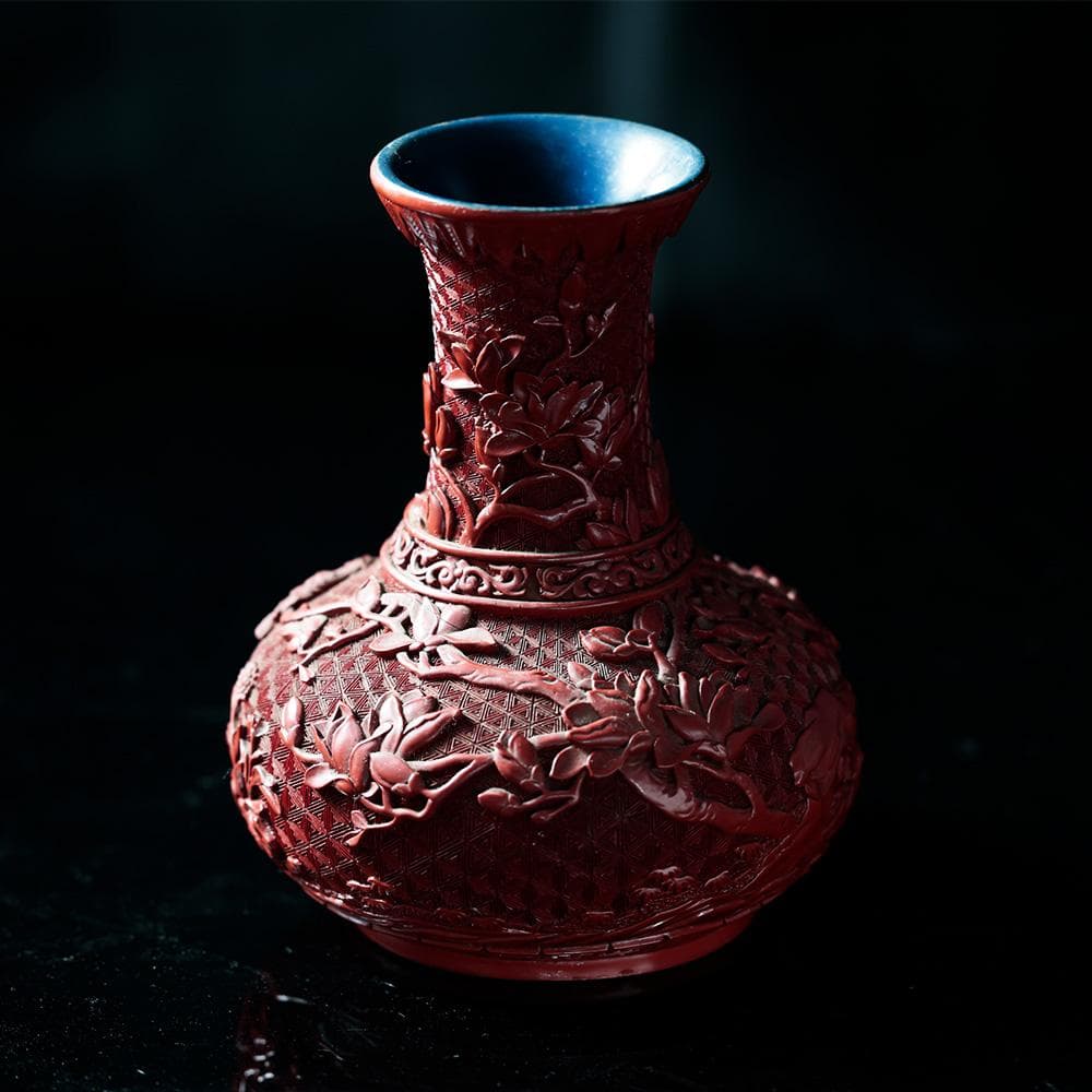 T中国美術　堆朱　花瓶　細密花鳥彫　朱塗り　漆器　古玩