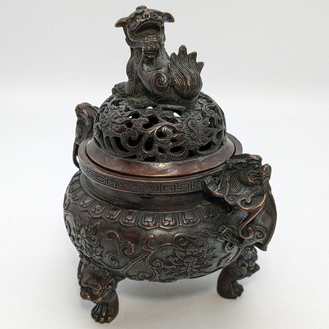 唐銅 三足獅子頭香炉 獅子摘み香炉 中国美術 乾隆年製 鋳銅 銅器 工芸