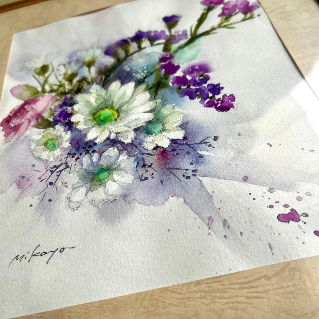 水彩画 原画 花 フラワー 井上美香代 真作 絵画 白菊 スターチス 浄化 開運