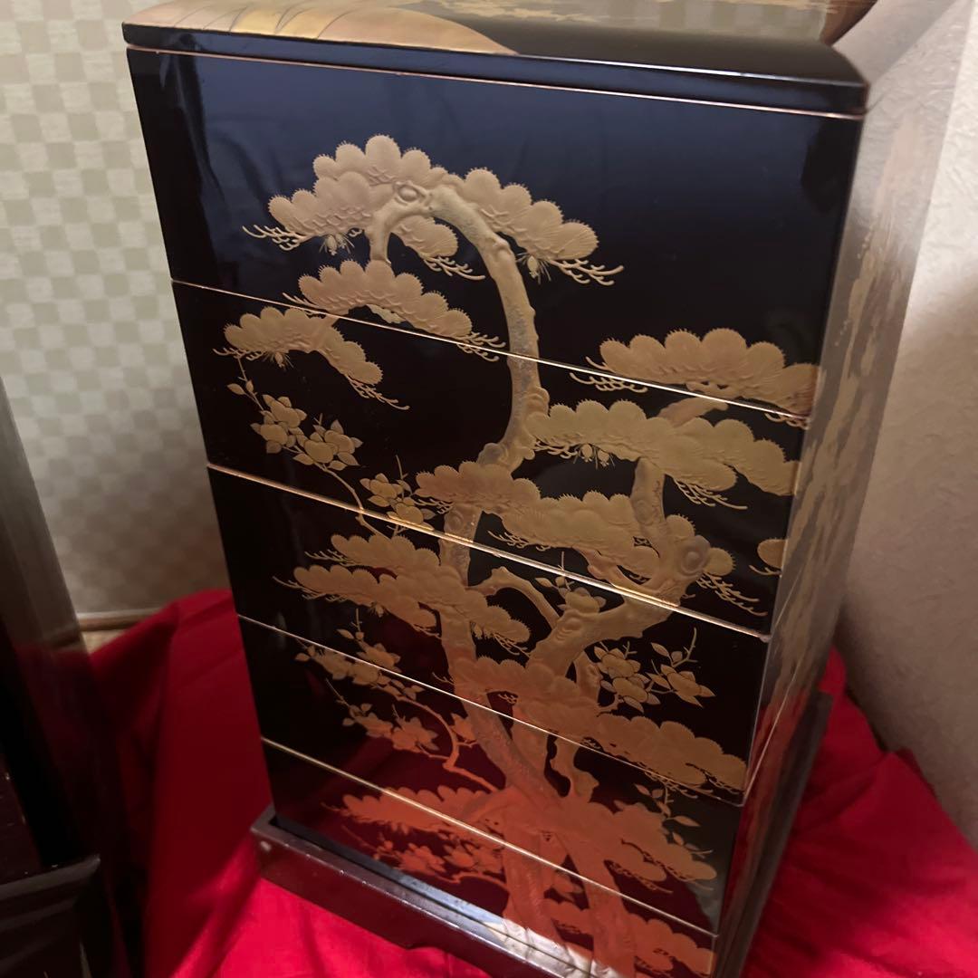 古美術　時代漆器 松蒔絵五段重箱 二枚蓋　箱付