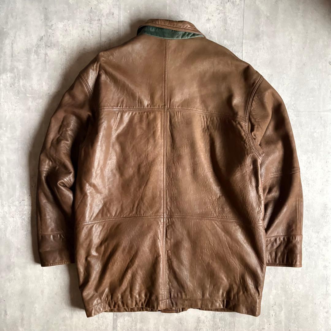 90s vintage】レザーカーコート レザージャケット 裏地チェック 本革