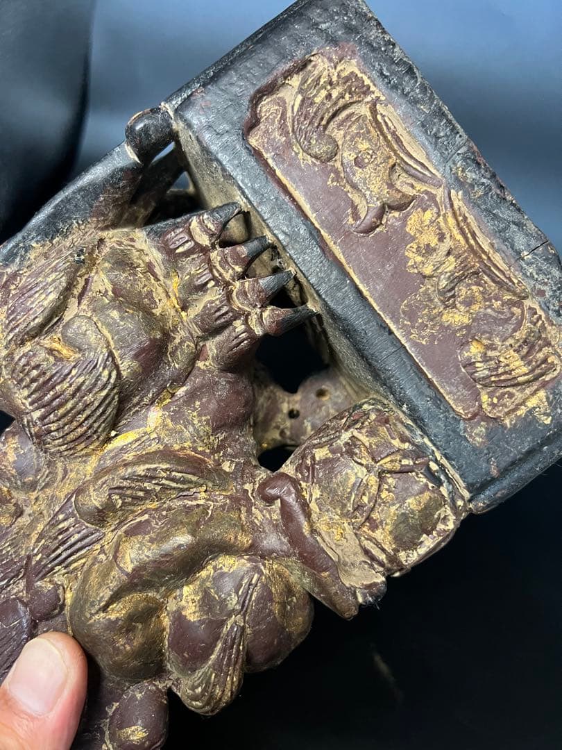 ◎古道具 庵々◎清朝中後期 木彫 守護獅子置物◎狛犬 唐物中国古美術