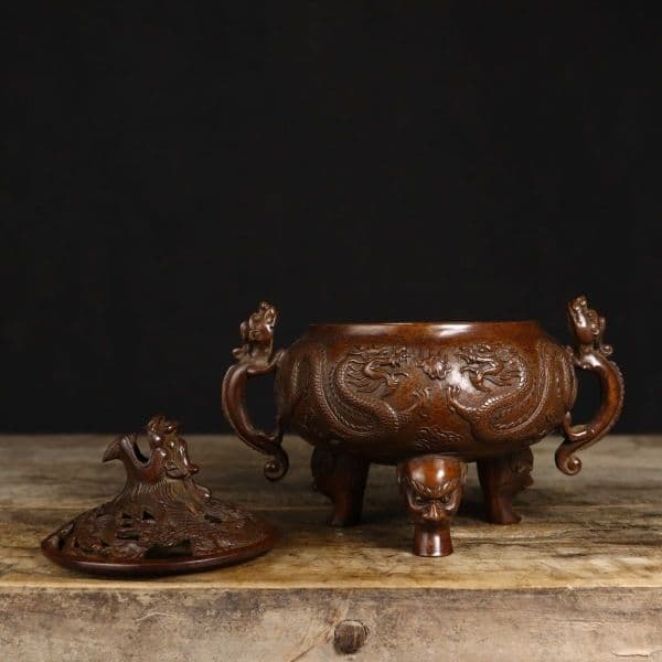 銅製 双竜獣足薫香炉 祥竜纏纏香炉 香道具 装飾品 工芸
