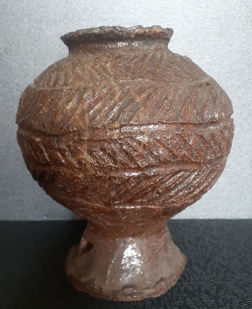 時代古作品】明治時代頃 古信楽 檜垣文様 胴張り 壺 花入れ 茶道具