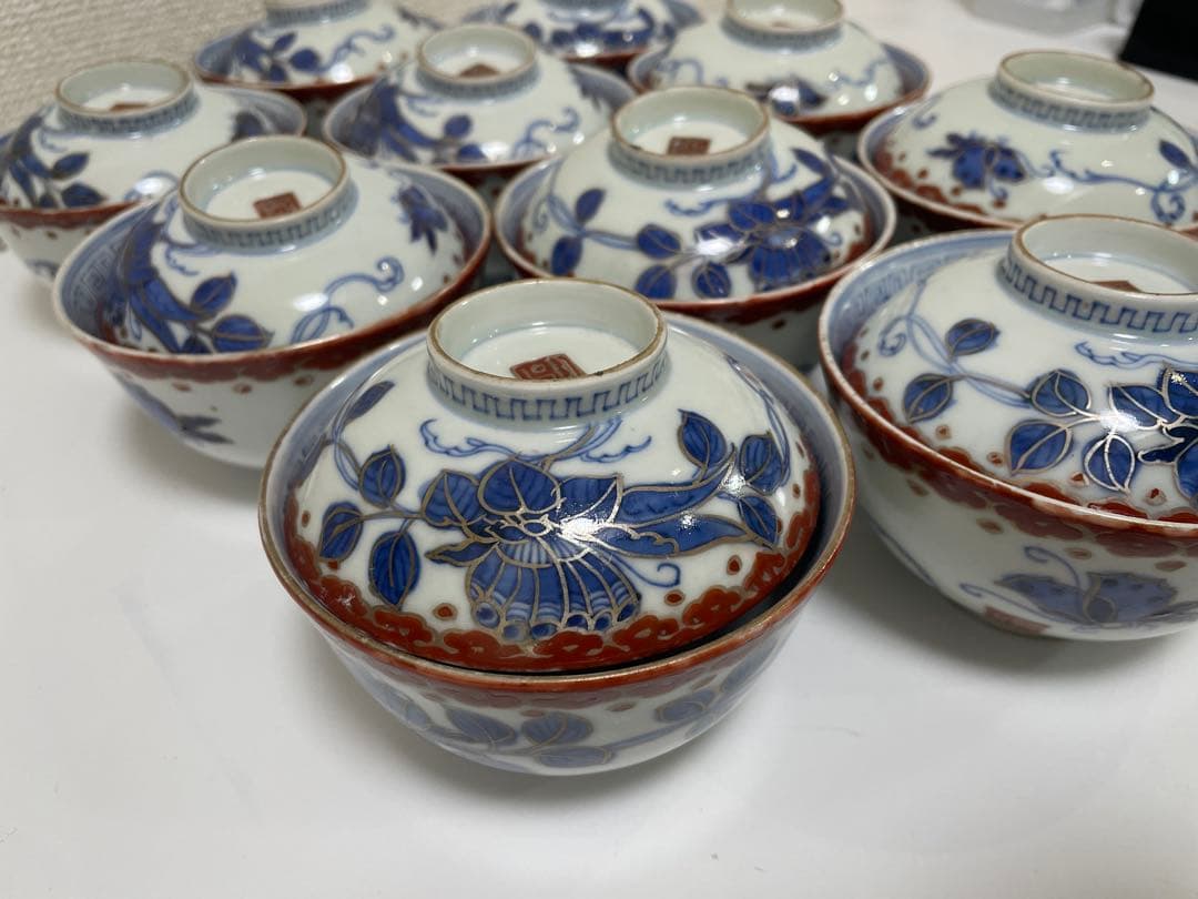 現状品】古伊万里 染付 蓋付飯碗10客 金彩 蝶 レトロ アンティーク