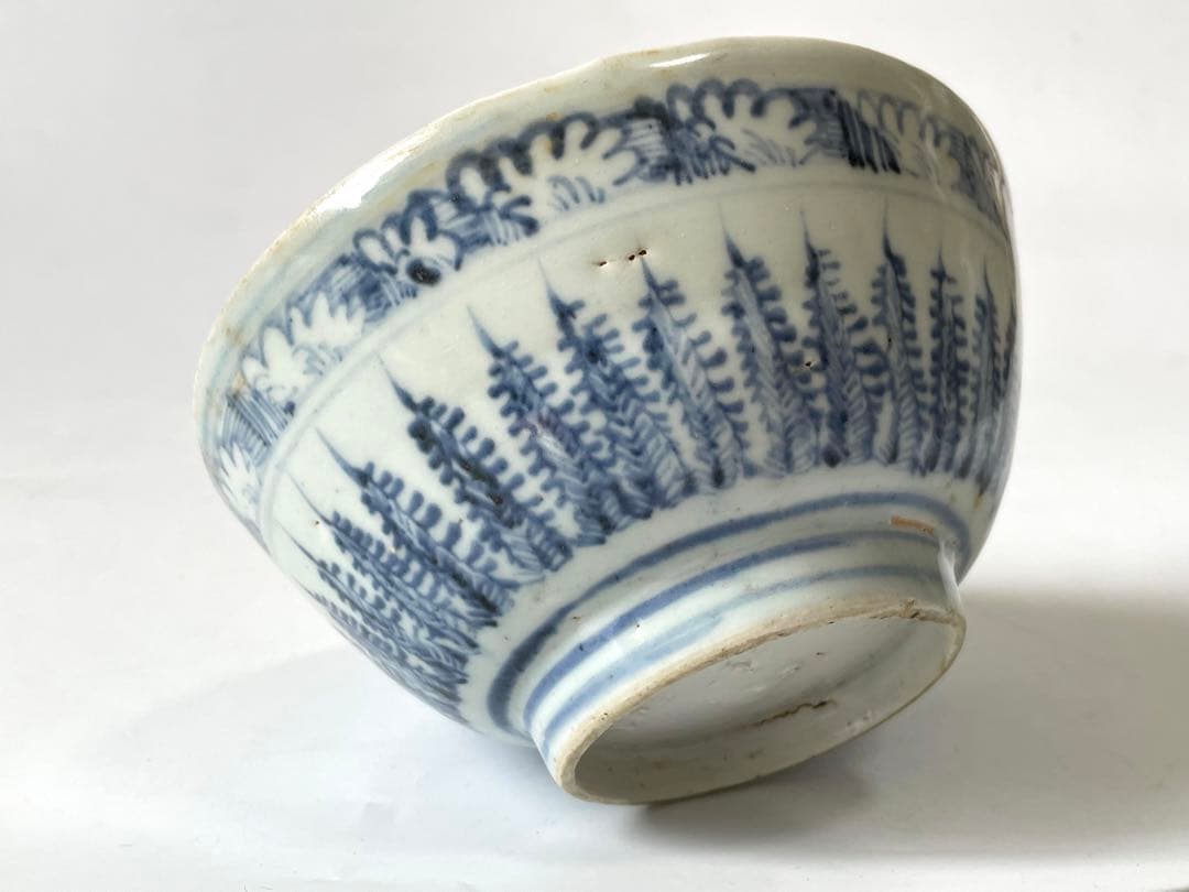 骨董 アンティーク 染付 明染付 芭蕉文様 巻貝文様 茶碗 抹茶碗