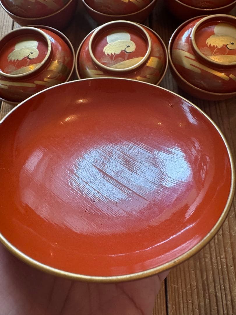 「明治〜大正 骨董 漆器 吸物椀 20客 ■華やか鶴蒔絵 ■箱付き ■送料込み」