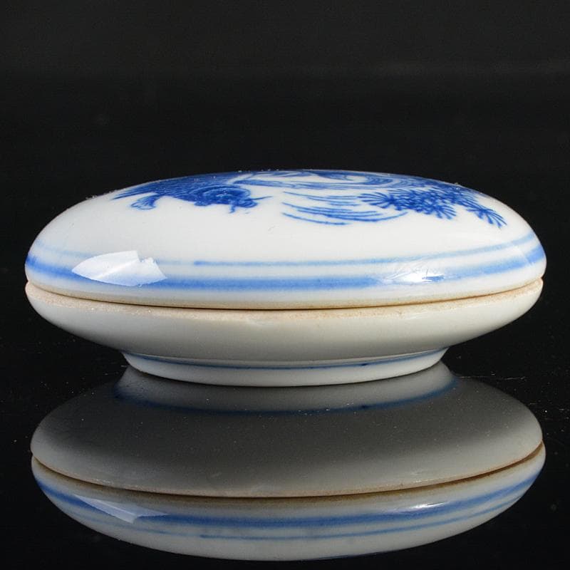 中国 景徳鎮製款 青花 魚藻文 香合 時代箱付 C R6154