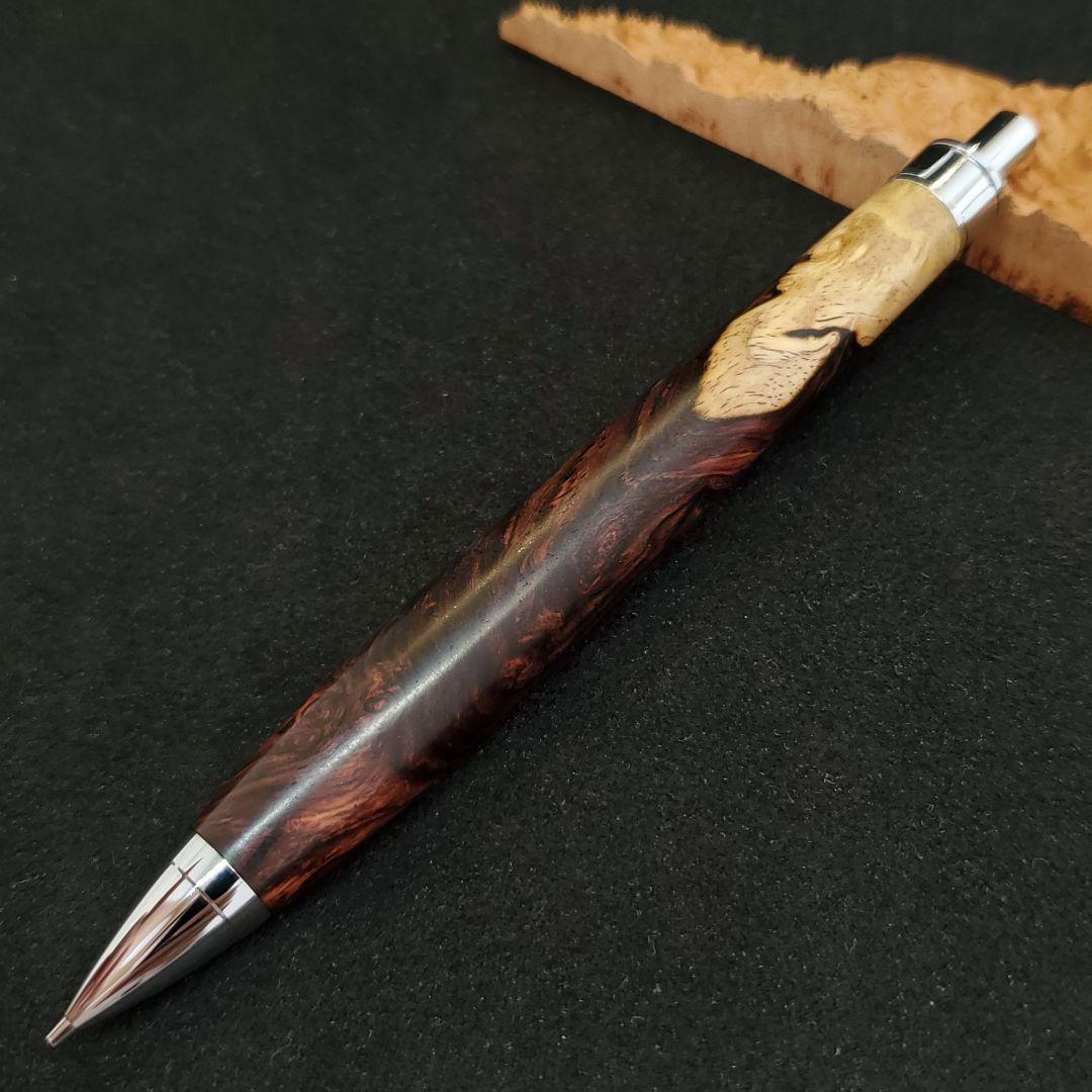 No.28ハンドメイド木軸シャーペンロースウッド瘤蜜蝋ワックス仕上げ