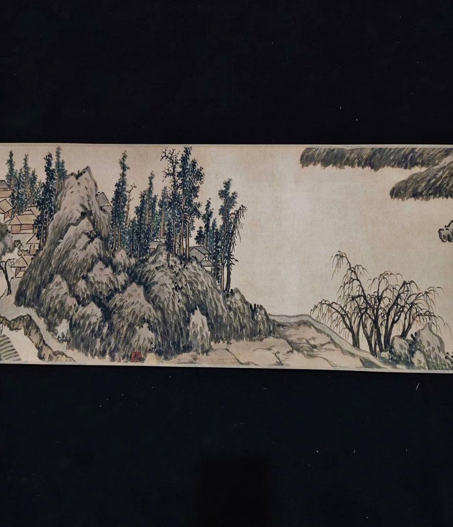 旧蔵 手巻き画　沈周《平橋遠水図》　掛軸　中国山水画　写意画