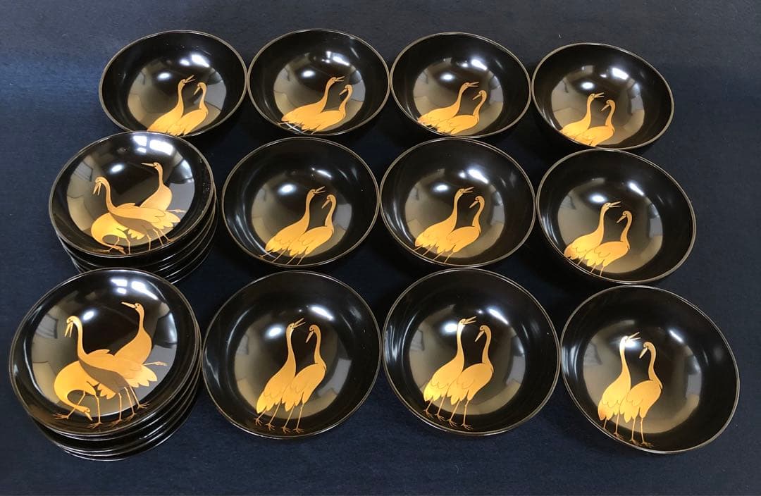 《レ》黒塗 鶴松蒔絵 吸物椀10客 木製漆器 木箱　251117え2