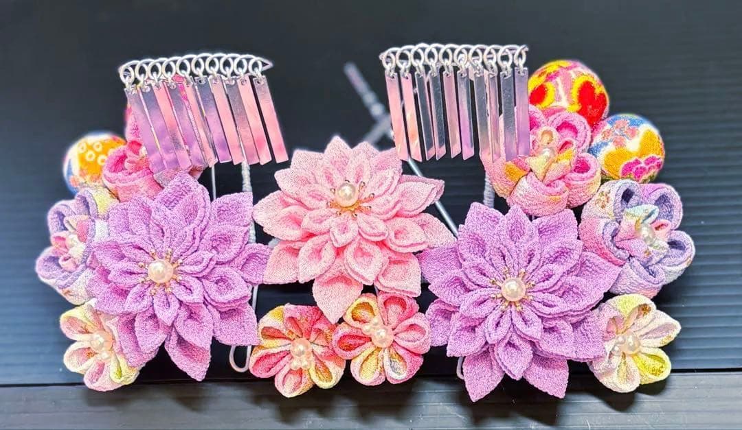 七五三髪飾りセット つまみ細工 パステルカラー ライラック色×桜色 7-30