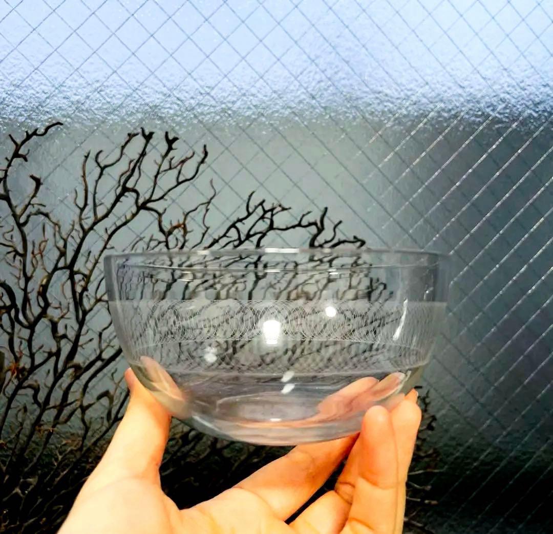 骨董 時代ガラス グラヴィール技法 薄張りガラス 碗型 ボウル ウラン