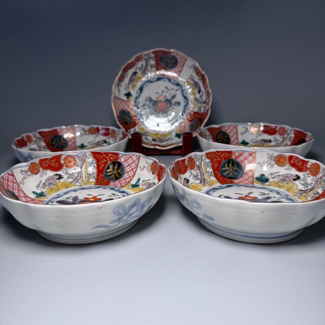 江戸中期〜後期 古伊万里 色絵柘榴文菊花形 なます皿 5枚 裏七宝結文