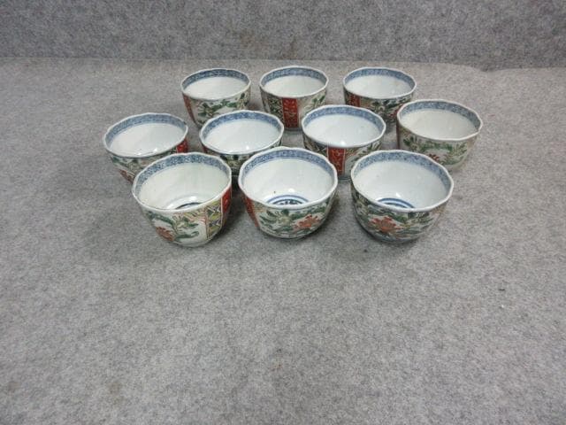 伊万里 色絵 錦手 猪口 10個 [B24087] 草花文 古玩 古美術