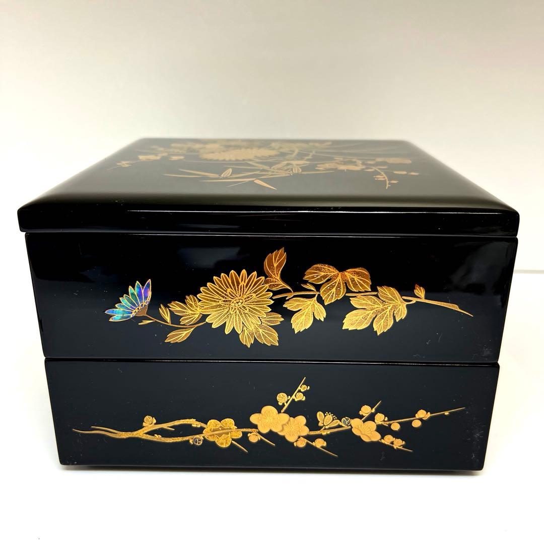 輪島塗　極上蒔絵二段重　蓋無木箱付　東Y7-0922③