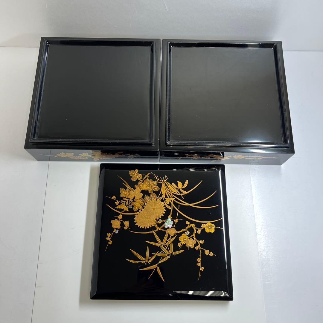 輪島塗　極上蒔絵二段重　蓋無木箱付　東Y7-0922③