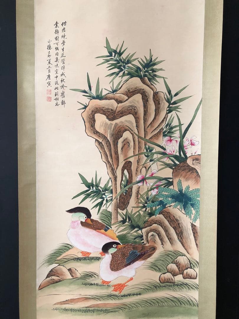 唐寅 花鳥図 掛け軸 四尺 手描き 中国美術 絵画 書画 花鳥 インテリア