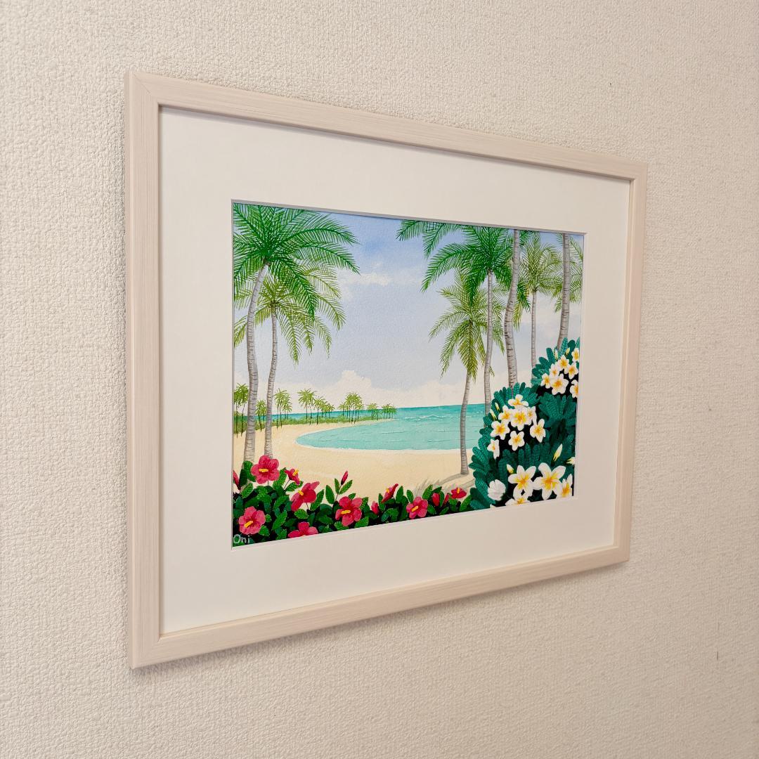 透明水彩画　原画　「ハイビスカスとプルメリア」額縁付き　F4サイズ　風景画