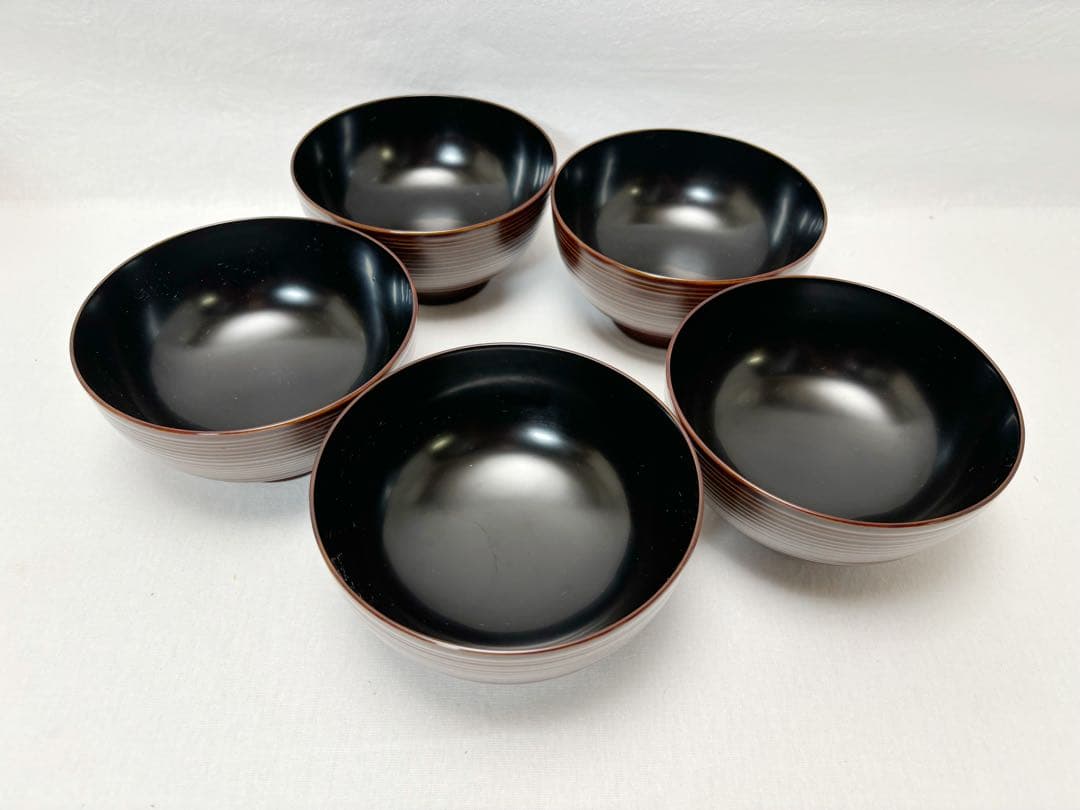 ほぼ未使用 懐石道具 張間麻佐緒作 輪島塗 木製朱竹蒔絵 煮物椀5客千筋共箱
