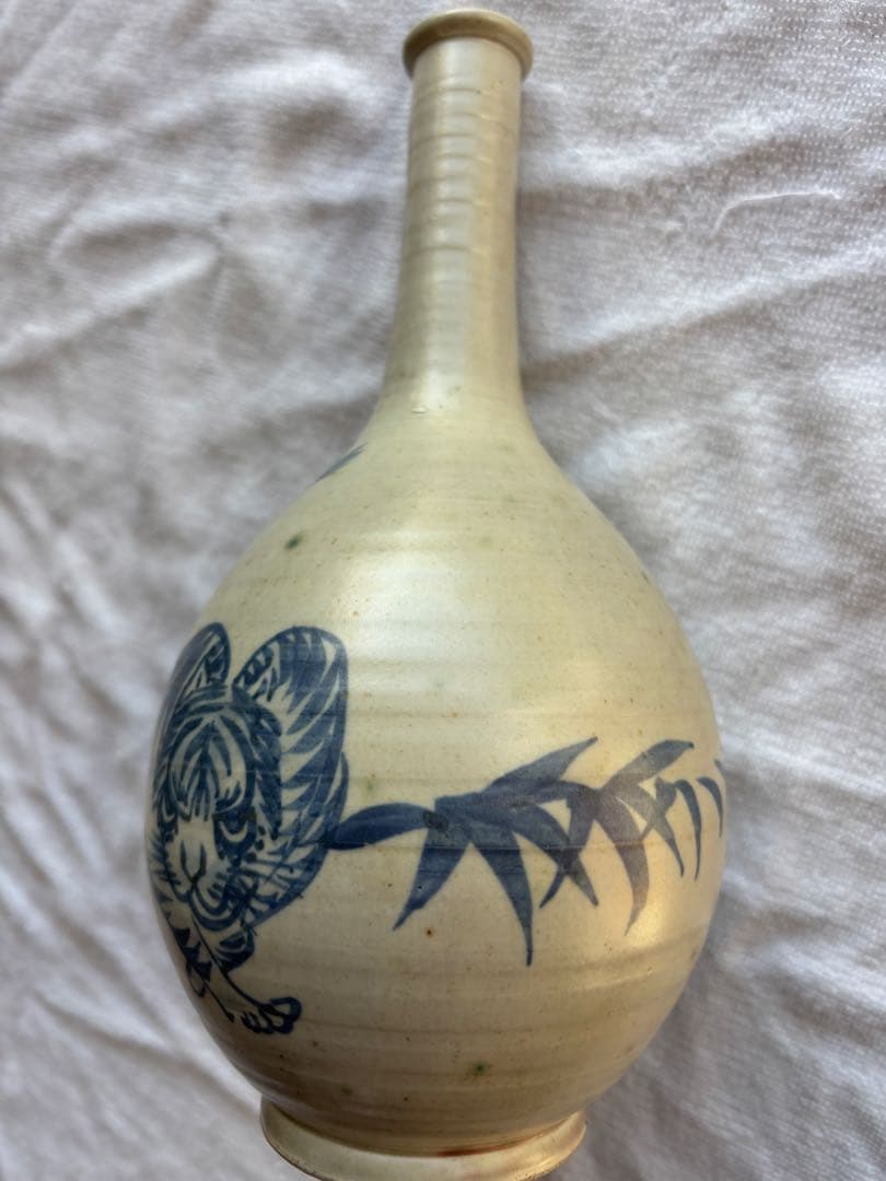 古伊万里　古染付 竹虎図 鶴首徳利　 花器 一輪挿し 時代物