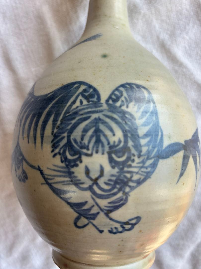 古伊万里　古染付 竹虎図 鶴首徳利　 花器 一輪挿し 時代物