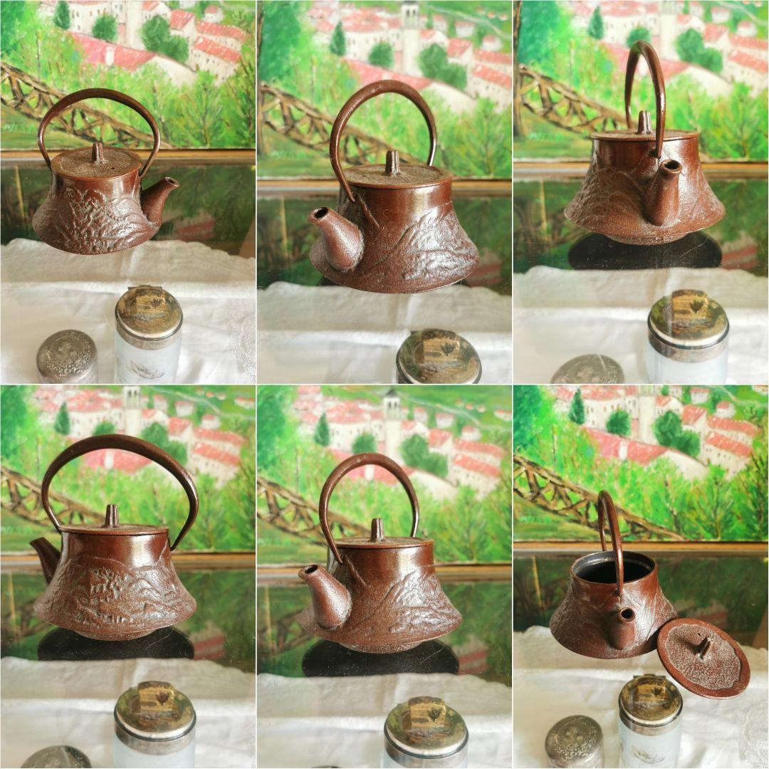 骨董 南部鉄瓶 急須 山と寺院境内 アンティークリネン ボビンレース編