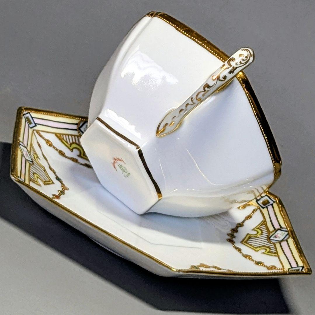 オールドノリタケ・金盛上陽刻薔薇柄 ガーランド装飾 ヘキサゴン