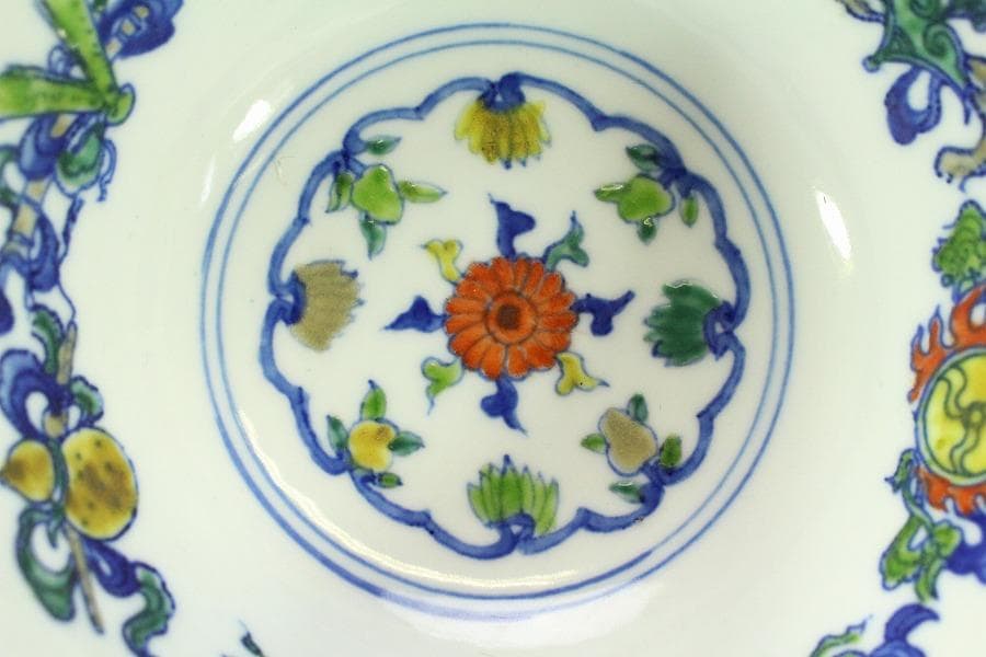 中国美術 色絵 花鳥紋 題詞 瑠璃遊台 碗 雍正年製(LC258)