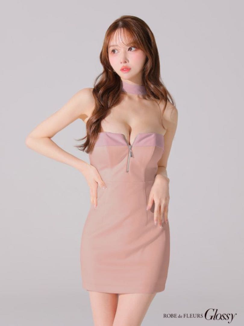 新品 ローブドフルール バストジップ チョーカー ドレス キャバ ミニ ピンク