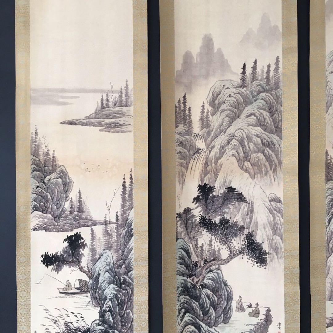 唐伯虎・四条屏】「樵人晩帰図」掛軸セット 表装済み／163×38cm