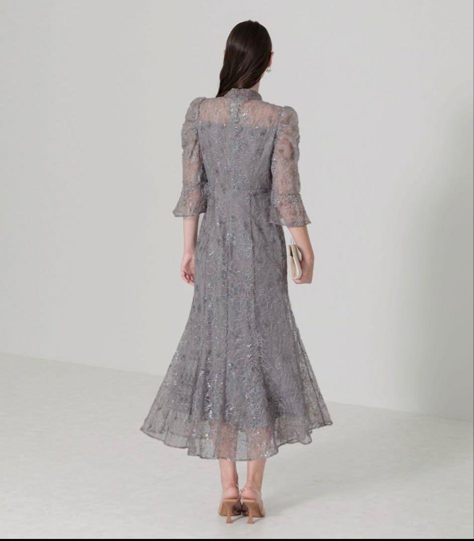 lejaスパンコール花柄刺繍ソフトパフスリーブマーメイドラインドレスワンピース