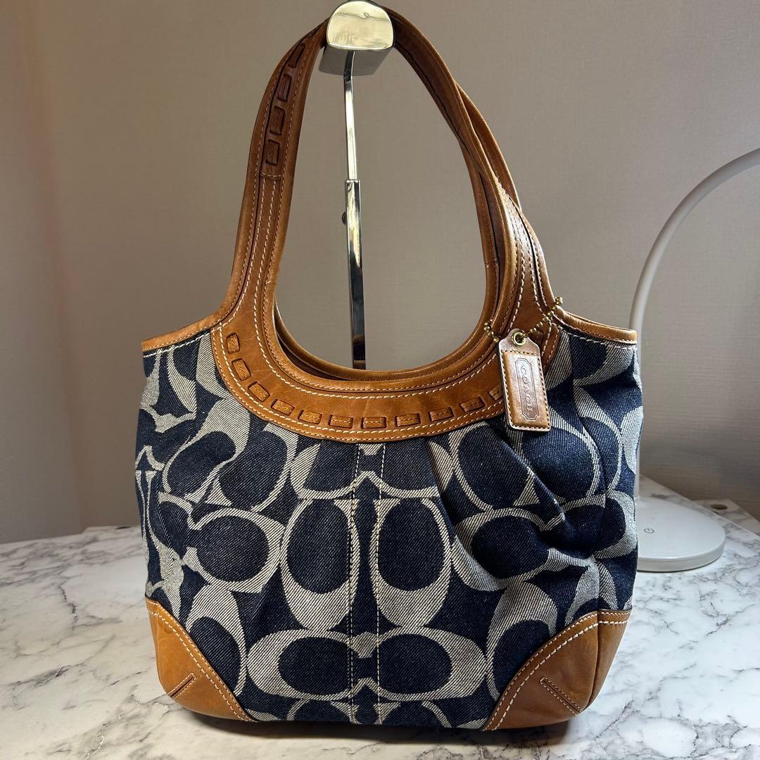 美品　COACH コーチ トートバッグ キャンバス シグネチャー デニム レザー