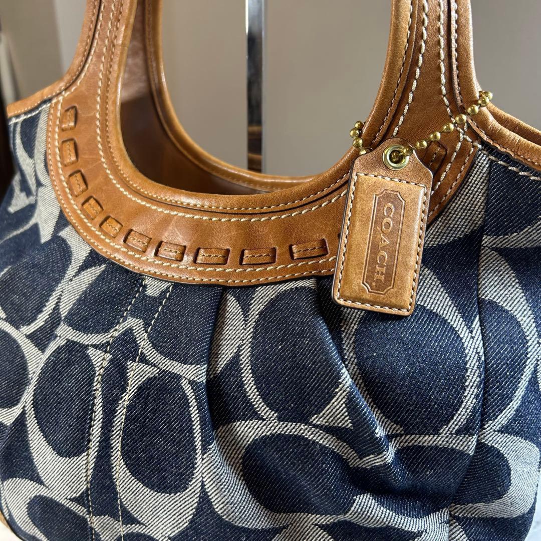 美品　COACH コーチ トートバッグ キャンバス シグネチャー デニム レザー
