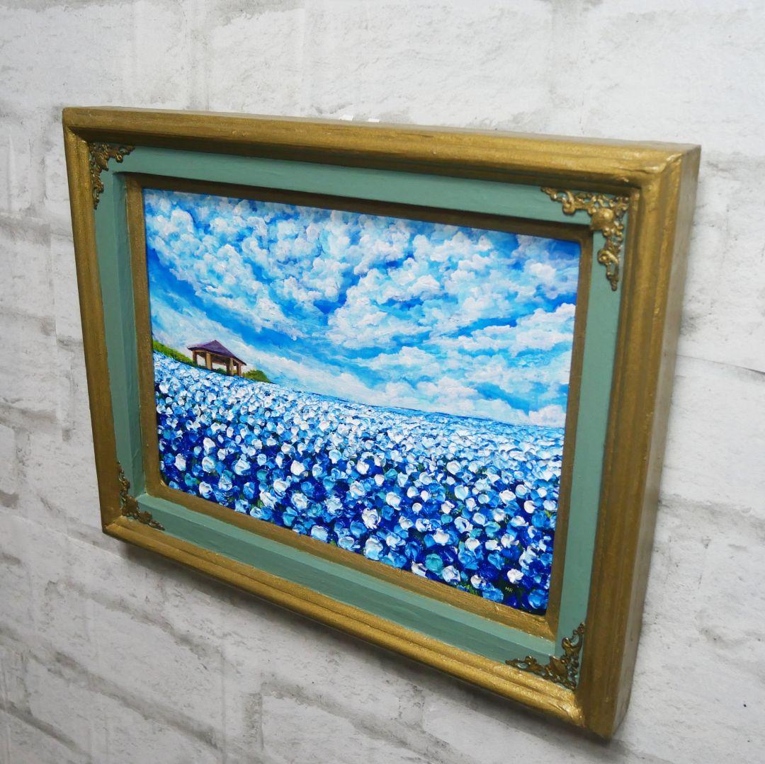 油絵 油彩 油彩画 絵 絵画【青空と雲のネモフィラ】