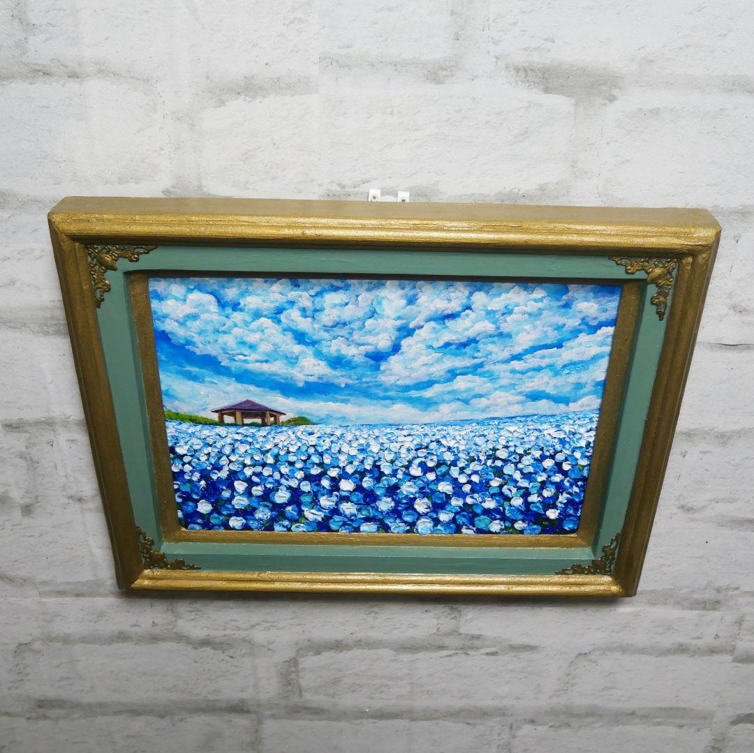 油絵 油彩 油彩画 絵 絵画【青空と雲のネモフィラ】
