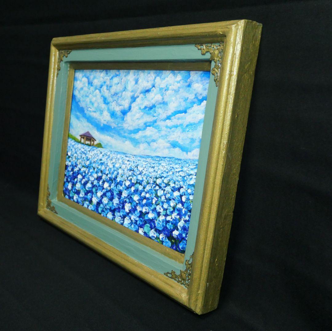 油絵 油彩 油彩画 絵 絵画【青空と雲のネモフィラ】